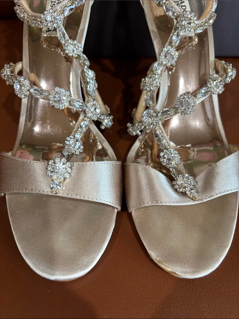 Badgley Mischka Champagne Satin Crystal Embellished Wedges